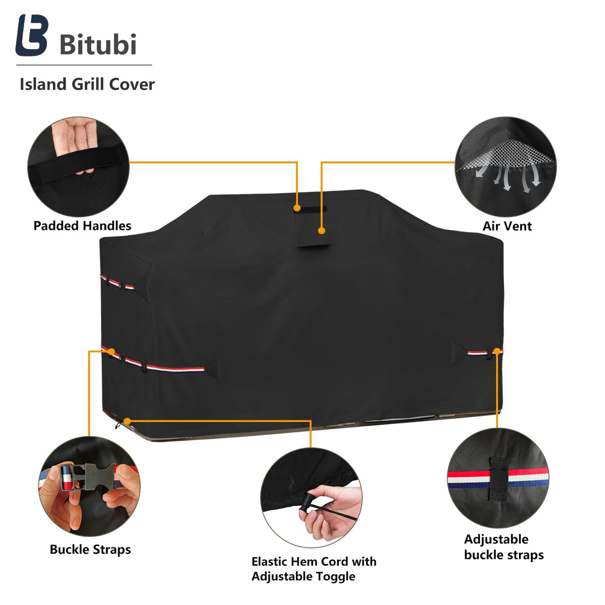 Bitubi 98-inch island grill cover right-side view shows secure fit.
