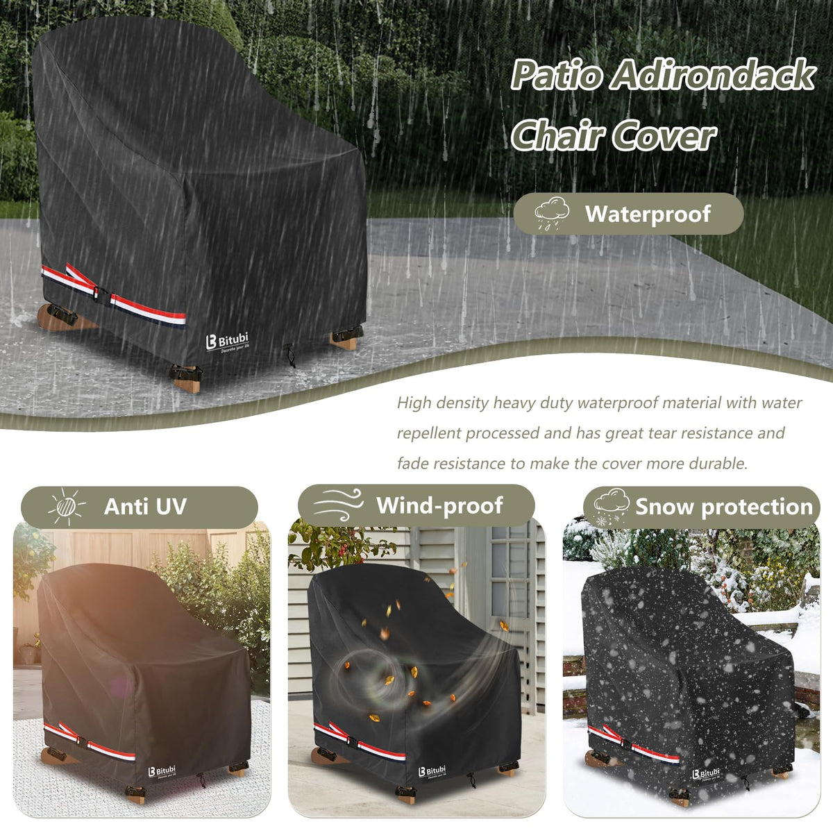 Bitubi fits most Adirondack chairs up to 32W x 35D x 36H