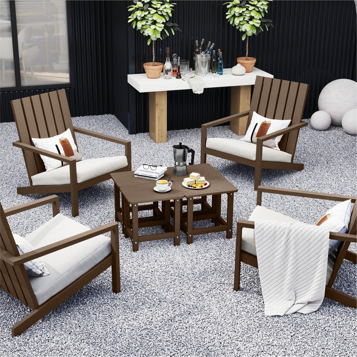 BIVODA table on a patio holding drinks and snacks during outdoor lounging.