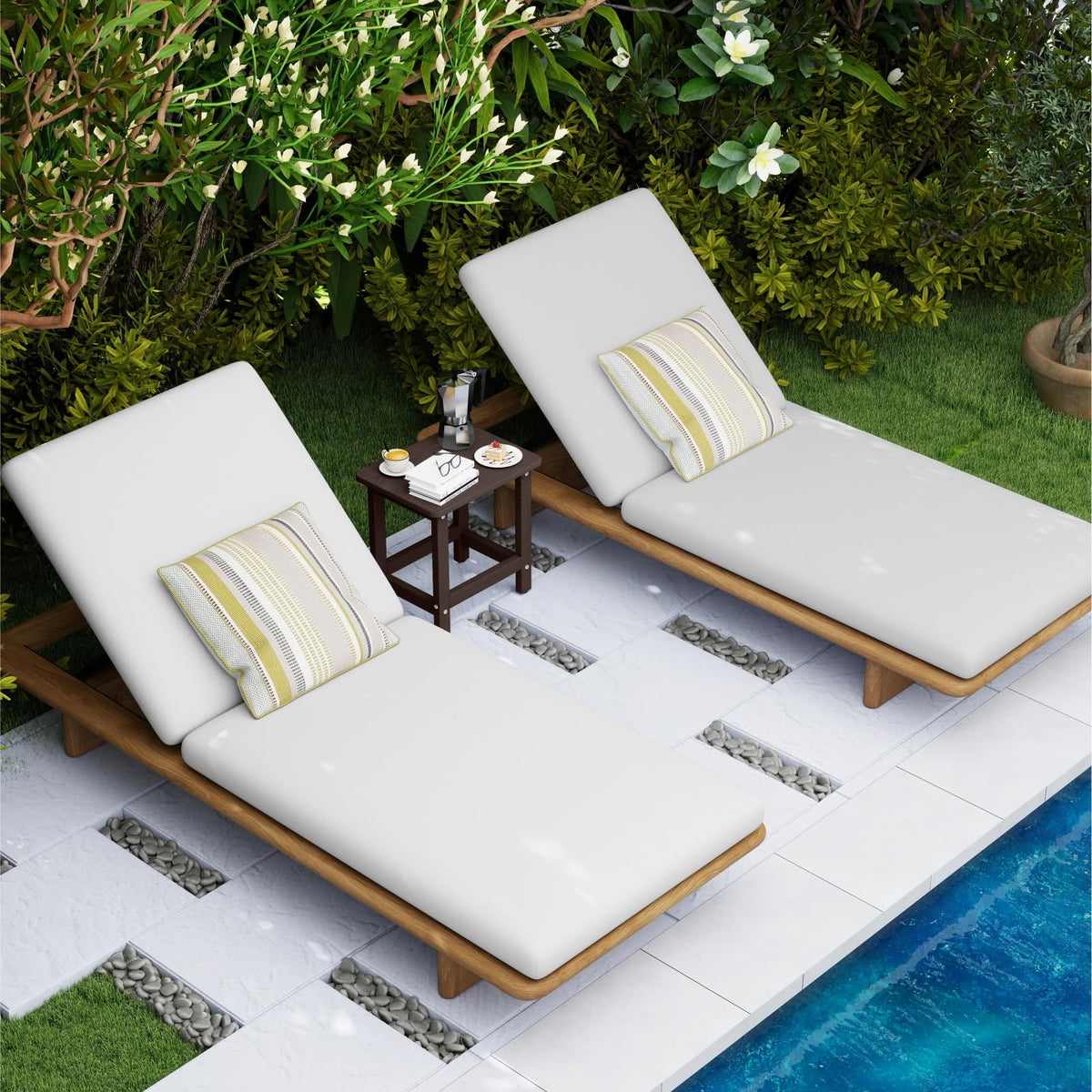 BIVODA weatherproof patio table; rain-ready companion for poolside relaxation.