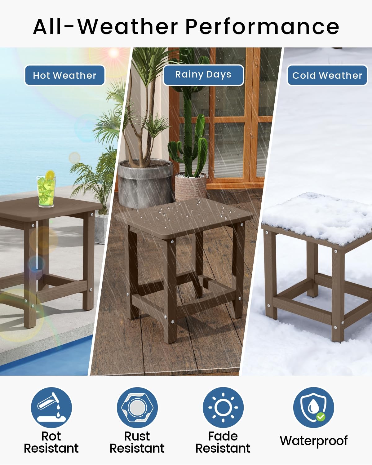 Brown-toned BIVODA table beside an Adirondack chair on a compact patio.
