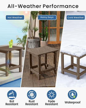 Brown-toned BIVODA table beside an Adirondack chair on a compact patio.