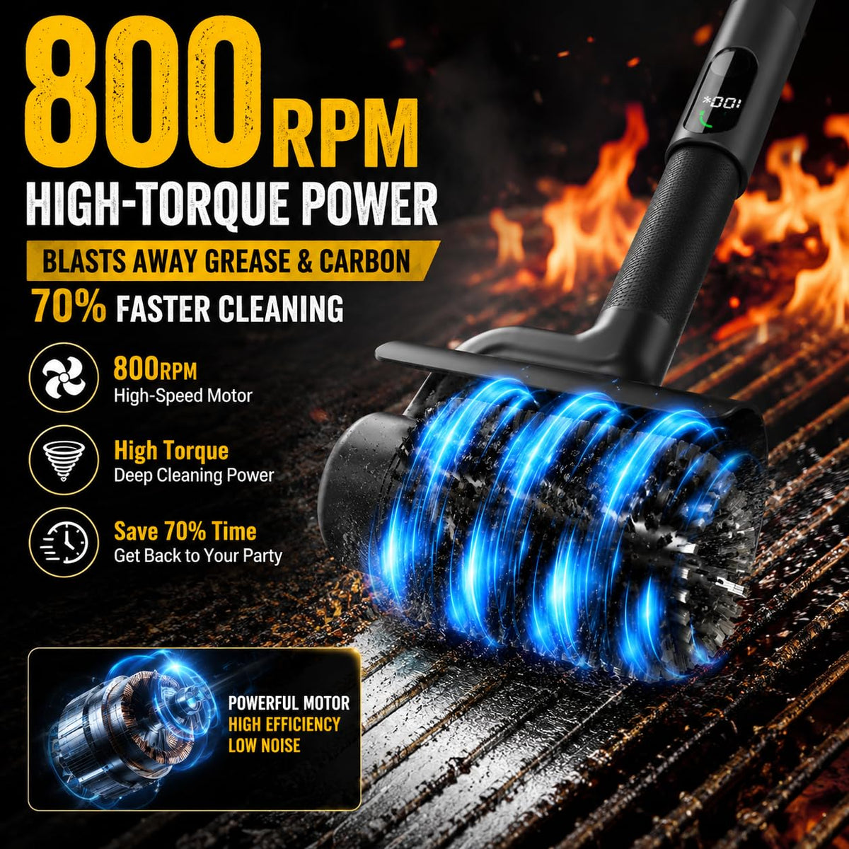 BIZEG cordless power scrubber shows 120-minute runtime for extended sessions.