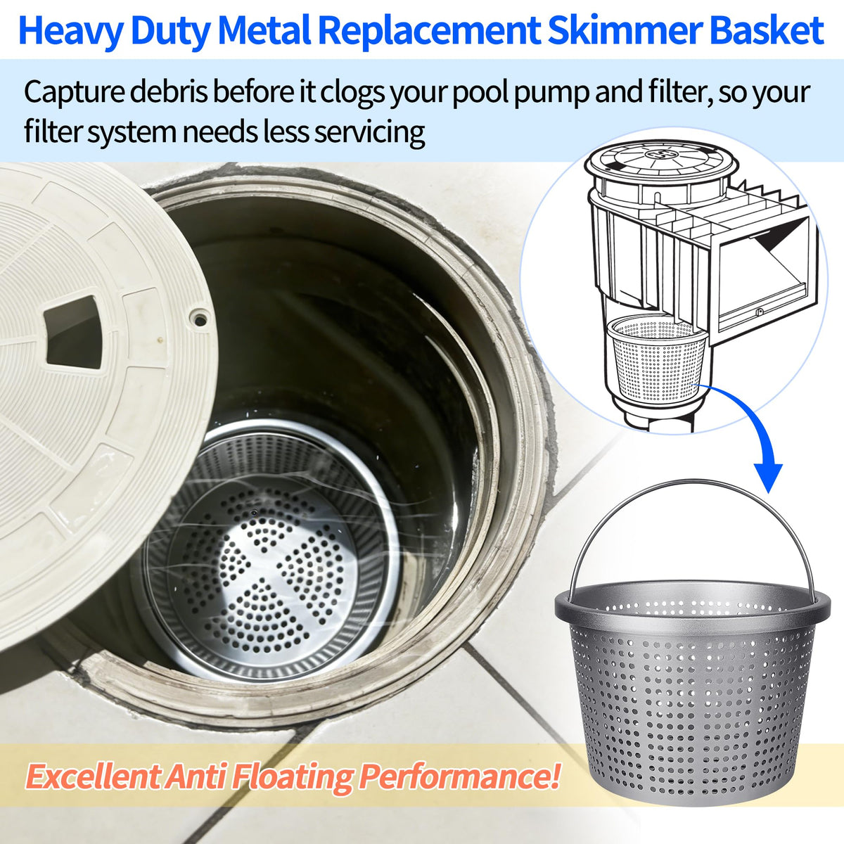 BJFGF easy-clean interior of the skimmer basket for quick rinsing.