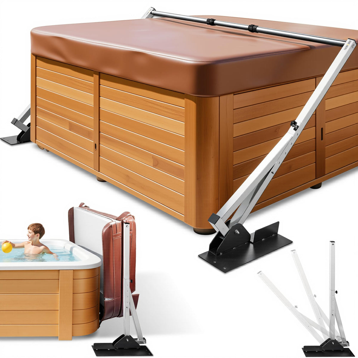 BJOSSTY hot tub cover lifter front view highlighting rust-proof stainless steel for outdoor use