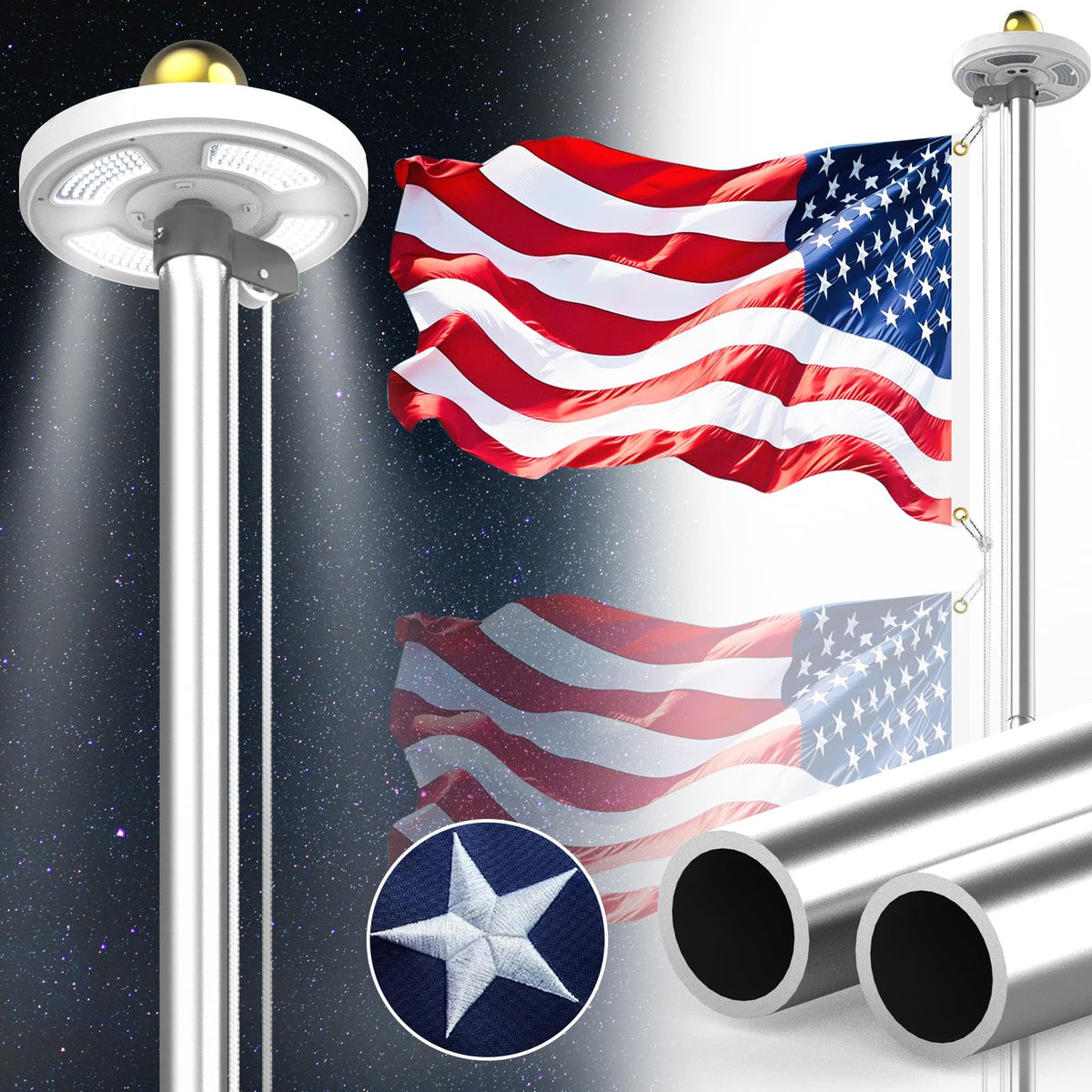 Bknius flag pole light solar panel powering evening illumination