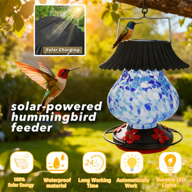 Blacico hand-blown glass hummingbird feeder in blue-white colors
