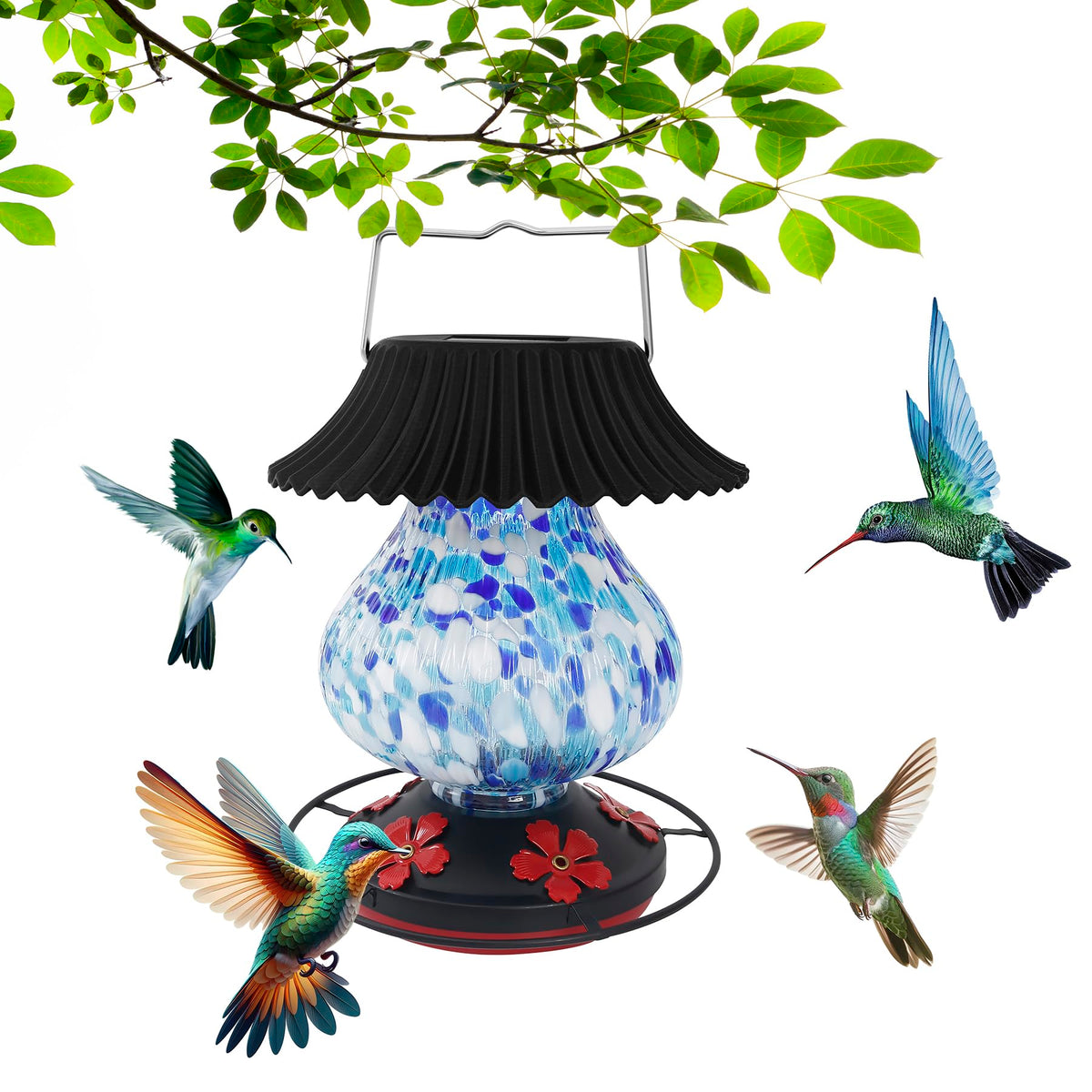 Blacico solar hummingbird feeder with 5 ports and perch attracts birds outdoors