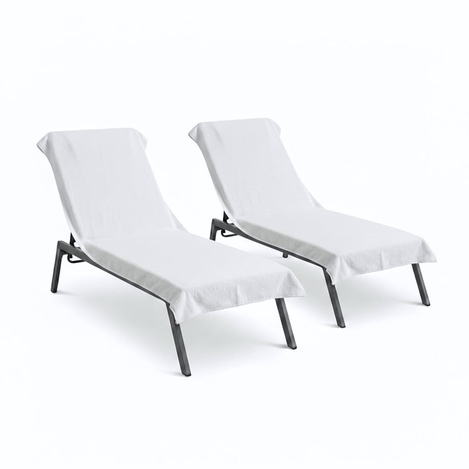 Black & White Brands chaise towel 2-pack setup with plush Turkish cotton for poolside luxury.