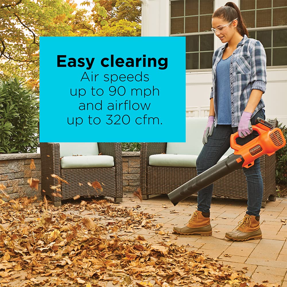 BLACK+DECKER 90 mph air speed for swift debris clearing.