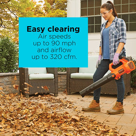BLACK+DECKER 90 mph air speed for swift debris clearing.