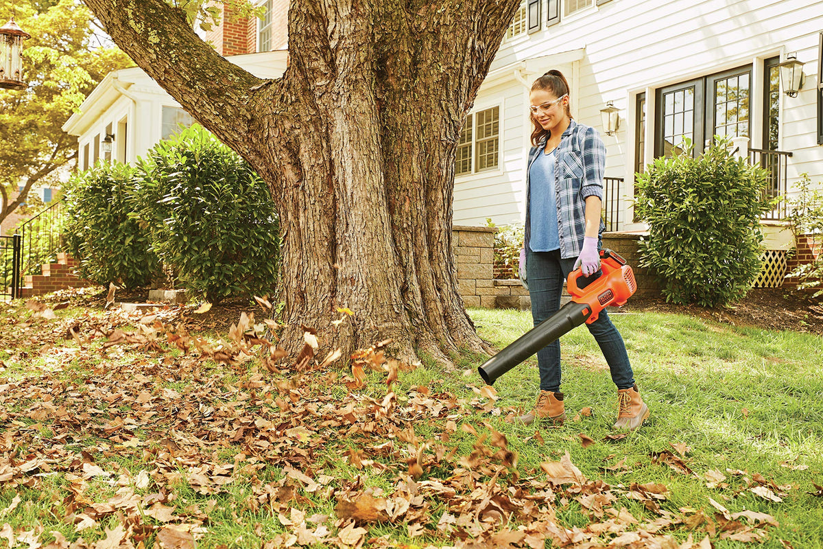 BLACK+DECKER in use, clearing sidewalk and driveway debris.