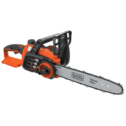 BLACK+DECKER 40V MAX electric chainsaw with 12-inch bar for efficient cuts.
