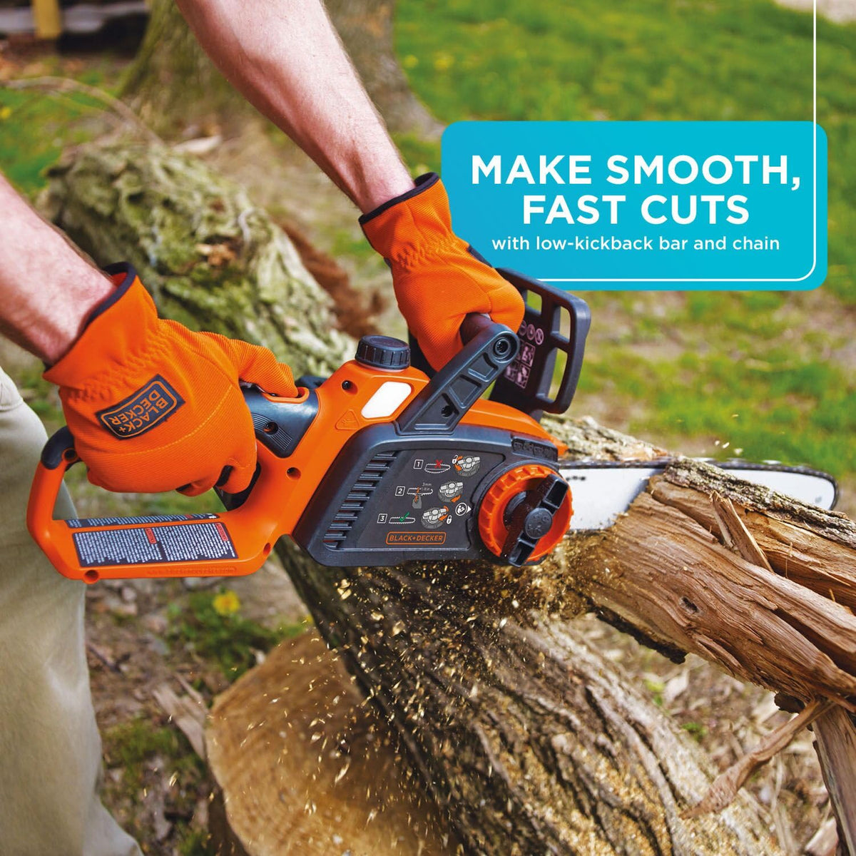 BLACK+DECKER 40V MAX tool-less chain tensioning enables fast adjustments.