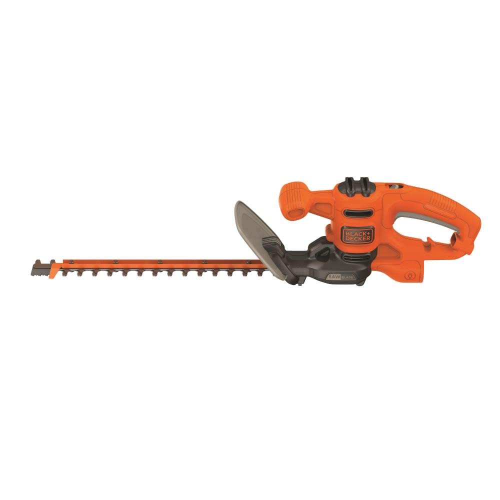 Black+Decker hedge trimmer showing a 3.0-amp motor powering pruning up to 5/8 inch branches.