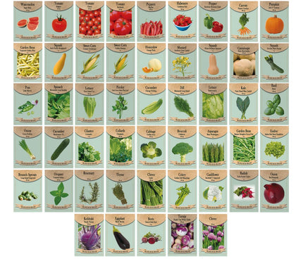 Black Duck Brand 50 assorted seed packets displayed for home gardens.