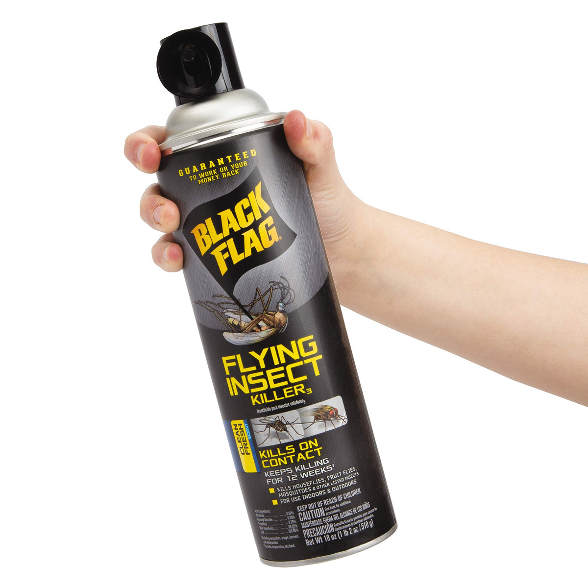 Black Flag outdoor spray directing fog toward bushes from 4–6 ft away