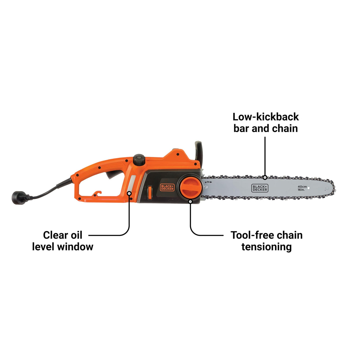 BLACK+DECKER CS1216 low-kickback bar enables smooth, precise cuts from any angle.