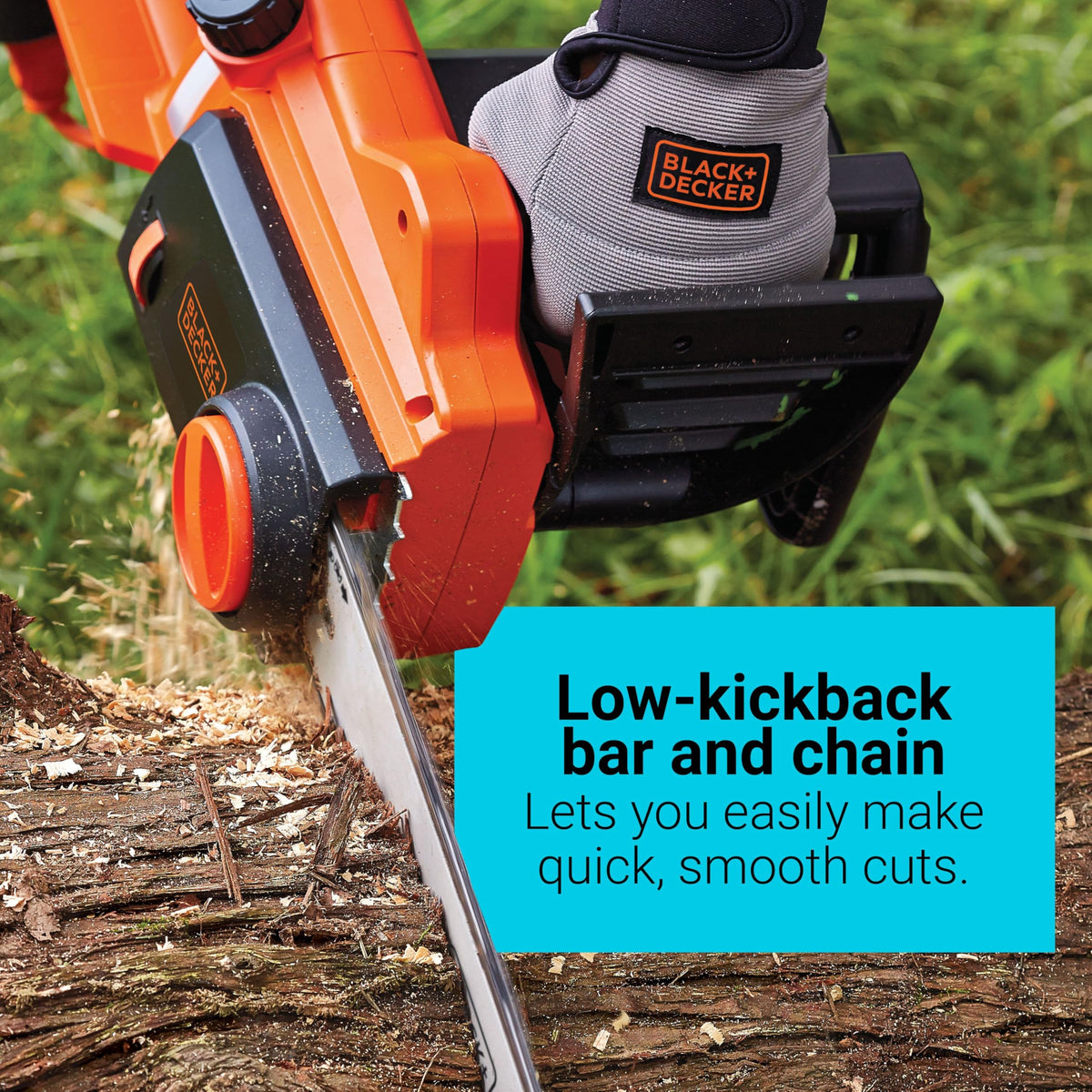 BLACK+DECKER CS1216 tool-free tension for quick chain adjustments.