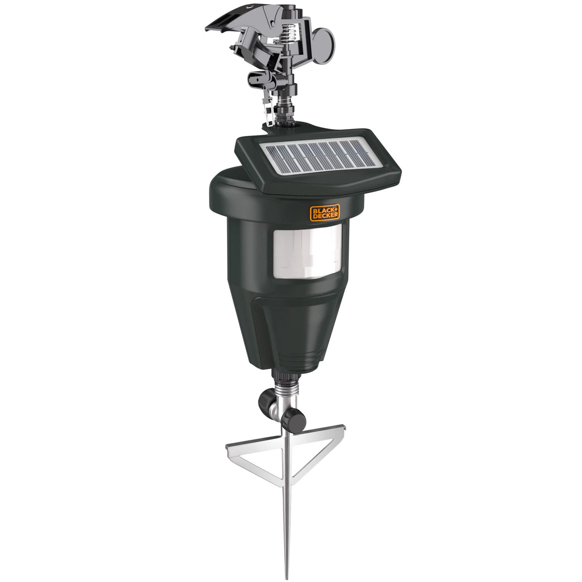 BLACK+DECKER solar jet sprayer in action deters wildlife while watering nearby plants.
