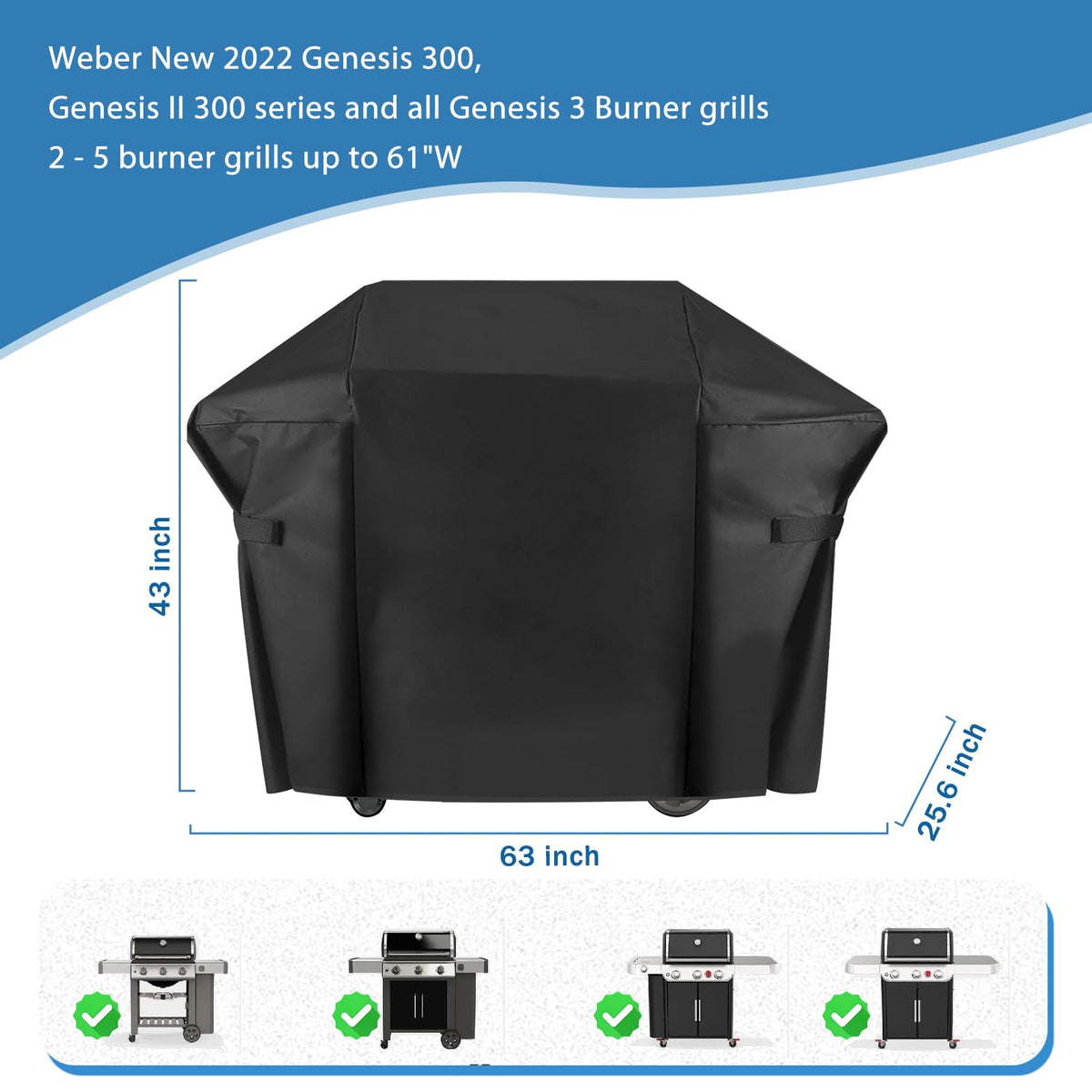 Blackhoso grill cover Genesis 300 63inch side view, wind-resistant shield for outdoor grilling