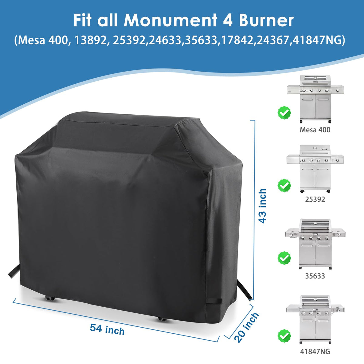 Blackhoso grill cover mounted on Monument Mesa 400 side view, wind-resistant