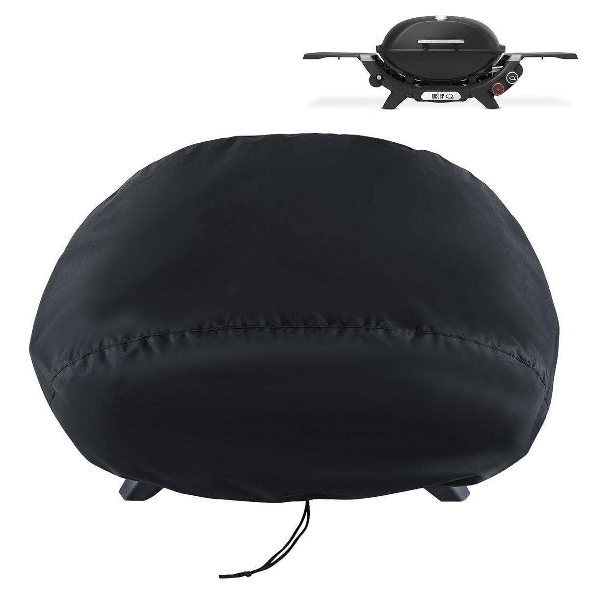 Blackhoso Weber Q2800N+ bonnet cover protects grill from rain and sun.