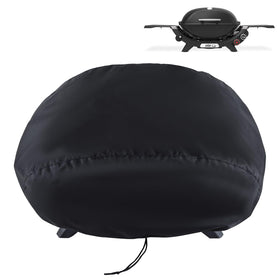 Blackhoso Weber Q2800N+ bonnet cover protects grill from rain and sun.