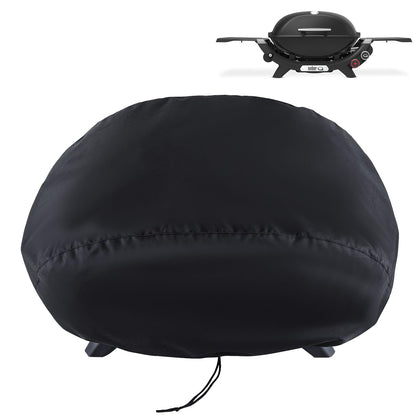 Blackhoso Weber Q2800N+ bonnet cover protects grill from rain and sun.