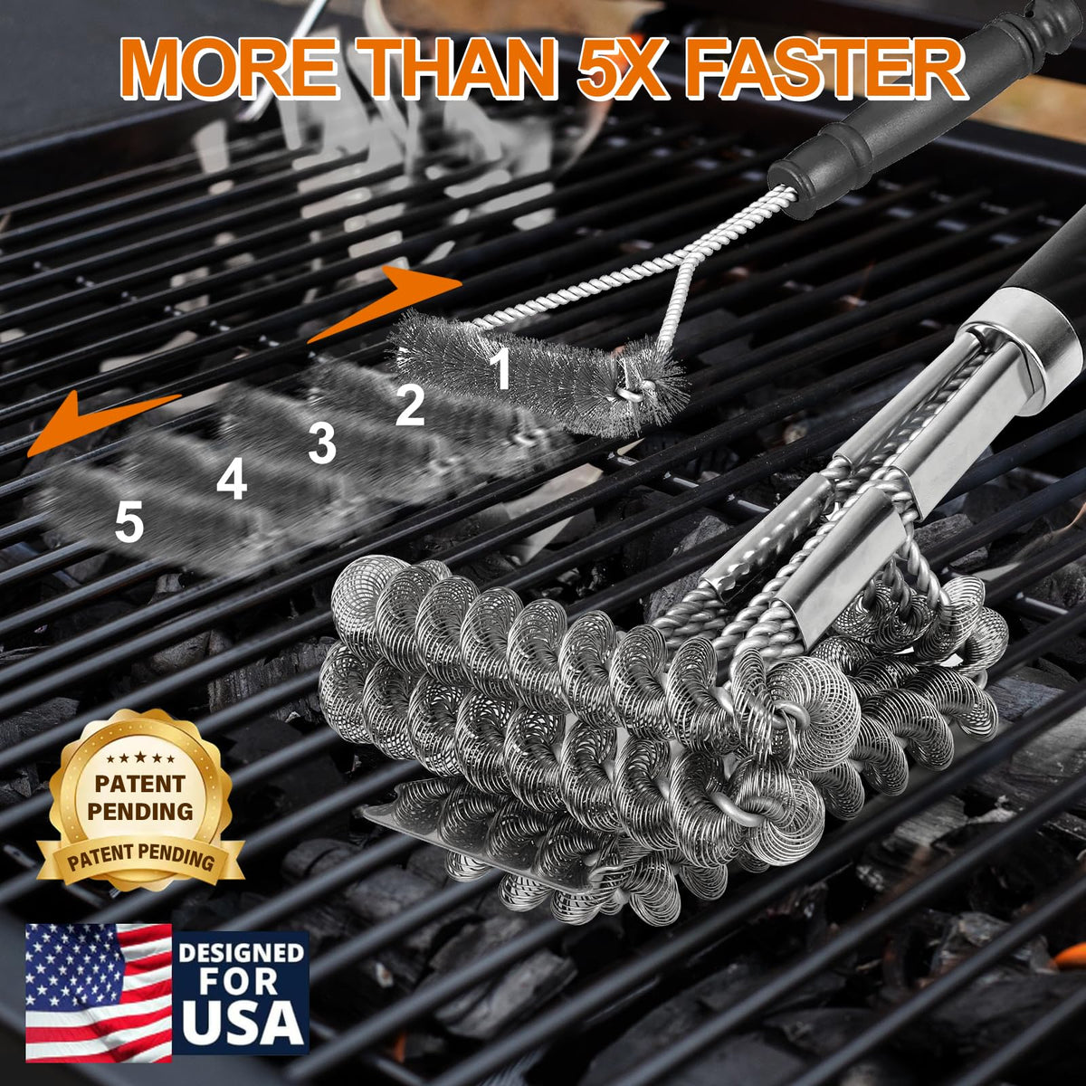 BLACKSMITH FAMILY 18-inch bristle-free brush near charcoal grates removing burnt-on residue.