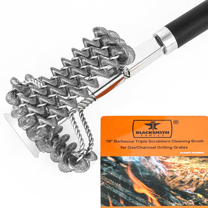 BLACKSMITH FAMILY 18-inch bristle-free grill brush close-up, safe cleaning without bristle shedding.
