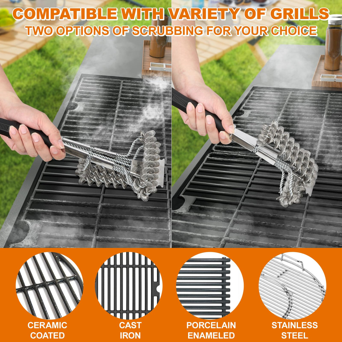 BLACKSMITH FAMILY 18-inch bristle-free brush on a gas grill surface for quick cleaning.