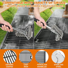 BLACKSMITH FAMILY 18-inch bristle-free brush on a gas grill surface for quick cleaning.