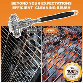 BLACKSMITH FAMILY 18-inch bristle-free brush used on porcelain grill surface safely.