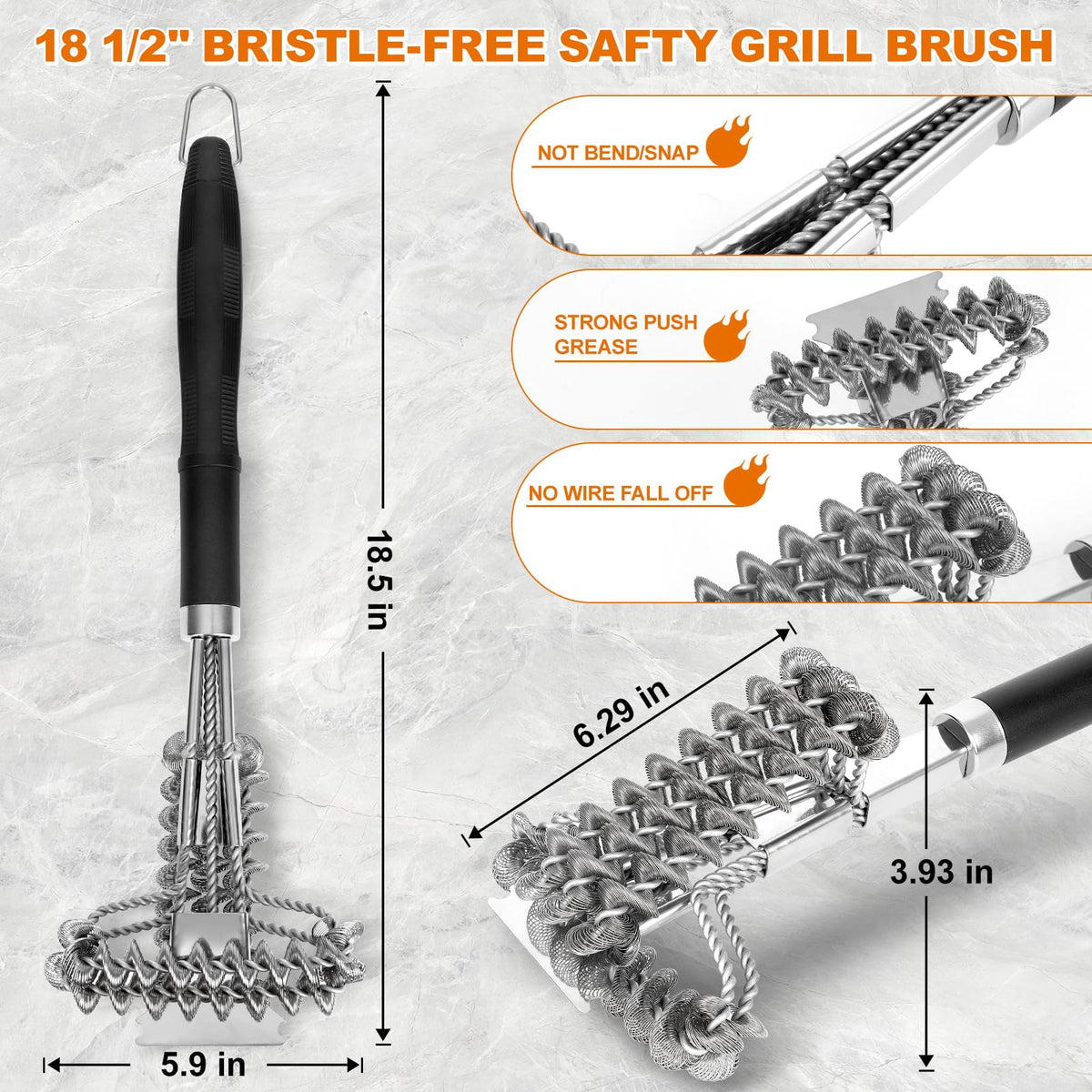 BLACKSMITH FAMILY 18-inch bristle-free brush with scraper shown for residue removal.