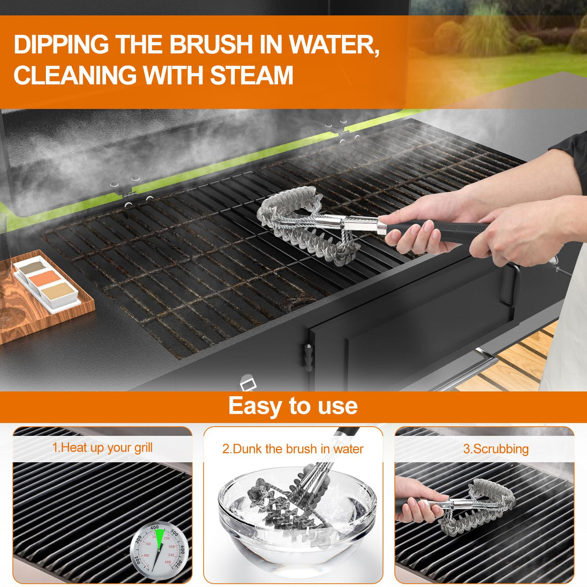 BLACKSMITH FAMILY 18-inch bristle-free brush demonstrating robust stainless-steel grate cleaning.