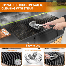 BLACKSMITH FAMILY 18-inch bristle-free brush demonstrating robust stainless-steel grate cleaning.