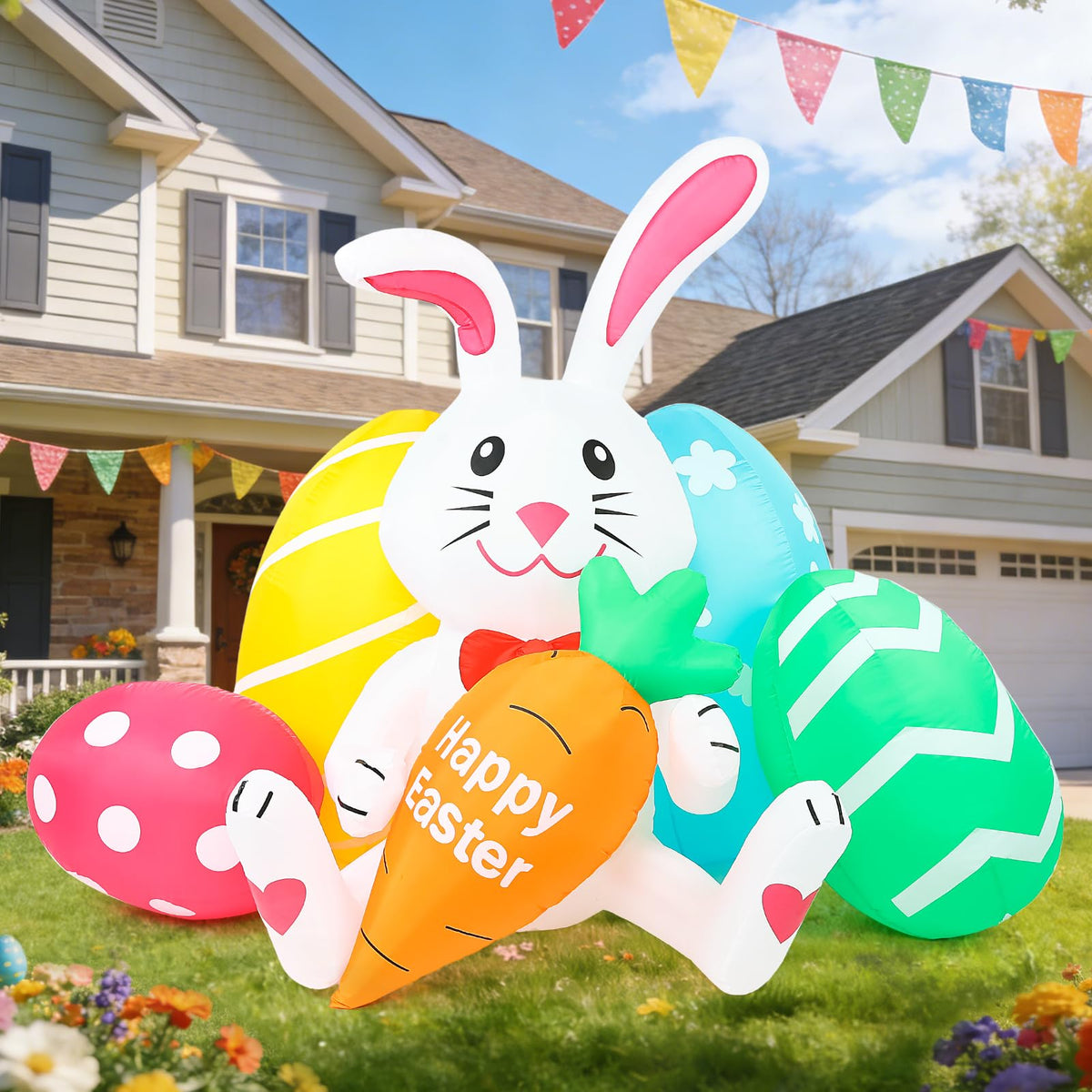 Blafly Easter inflatable shows bunny with carrot and colorful eggs for festive curb appeal
