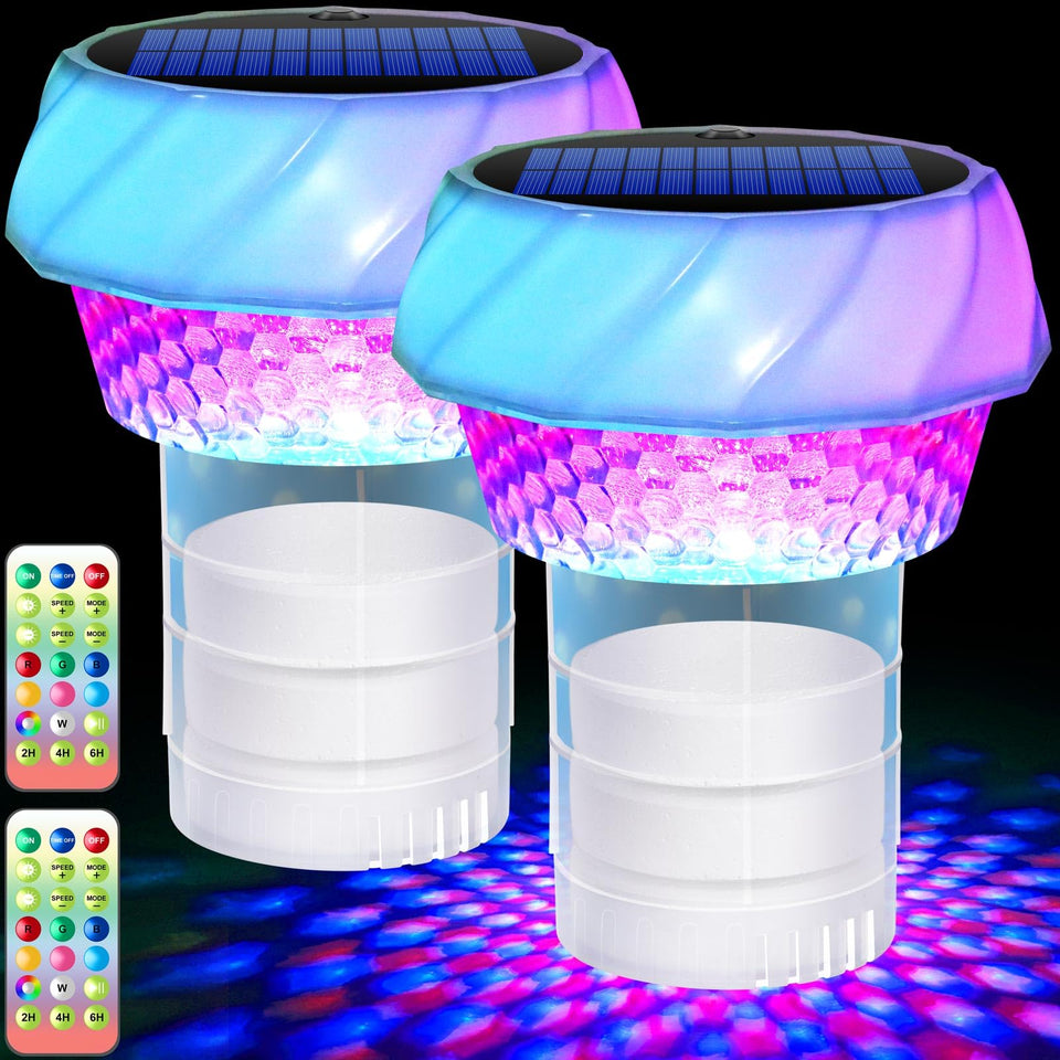 Blansong solar pool chlorine floater two-pack charging in sunlight for nighttime illumination