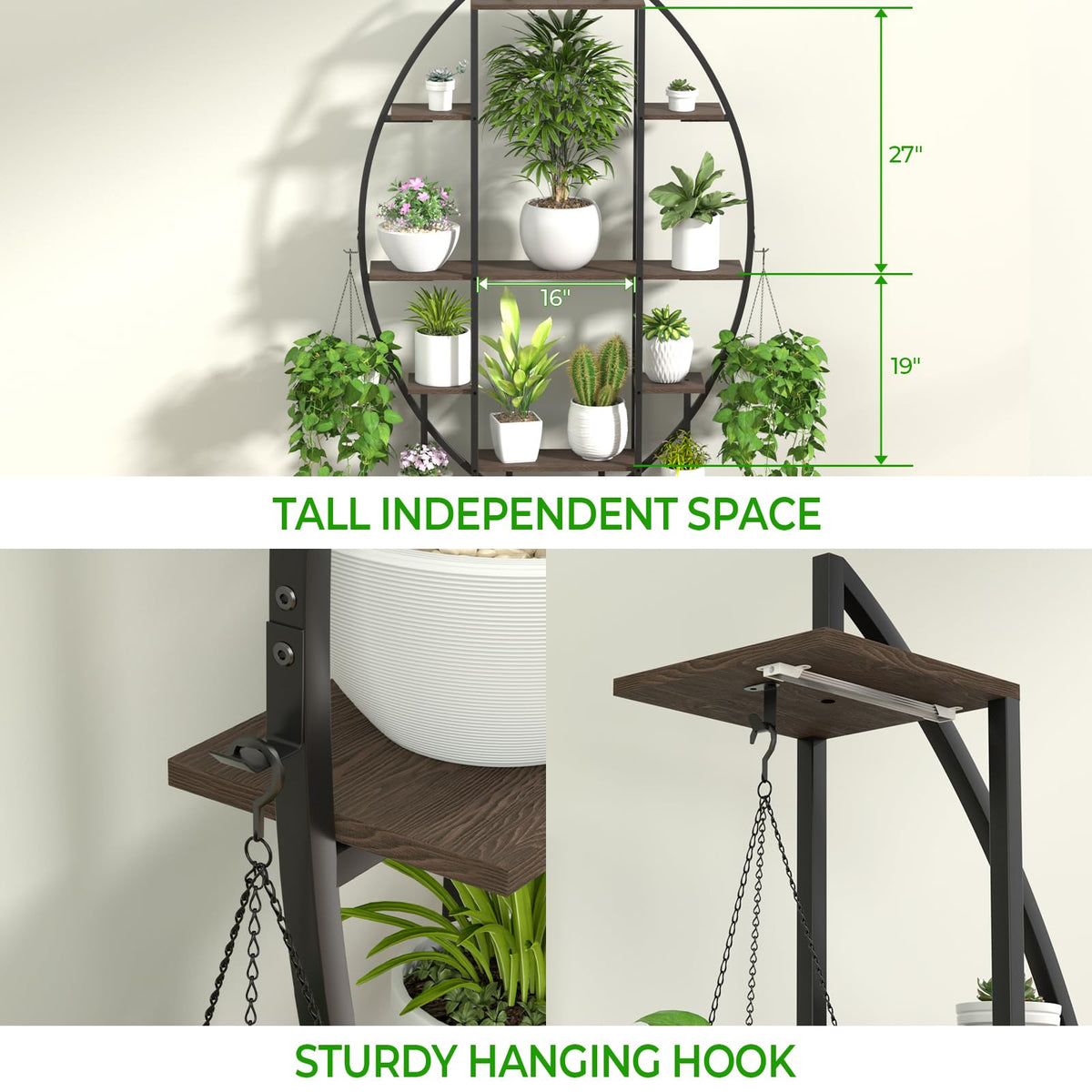 Blazpath tall 65-inch plant rack showcases large specimens with space-saving elegance.