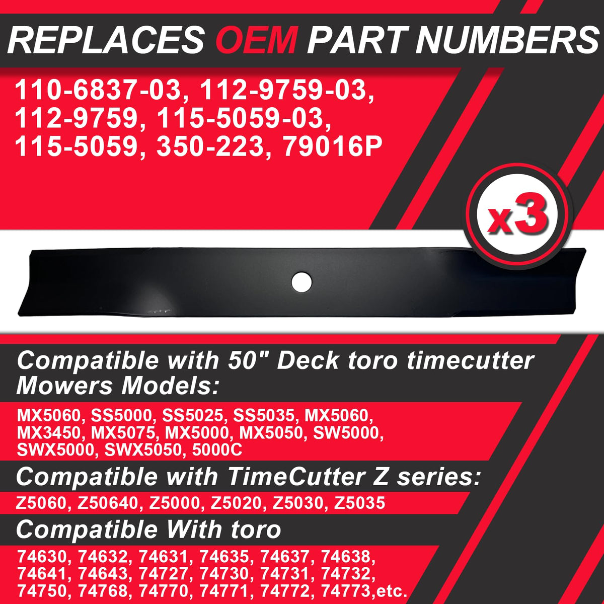 BLCE three-pack blades ready for TimeCutter Z-series and Toro compatibility.