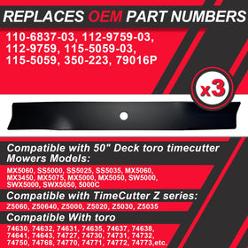 BLCE three-pack blades ready for TimeCutter Z-series and Toro compatibility.