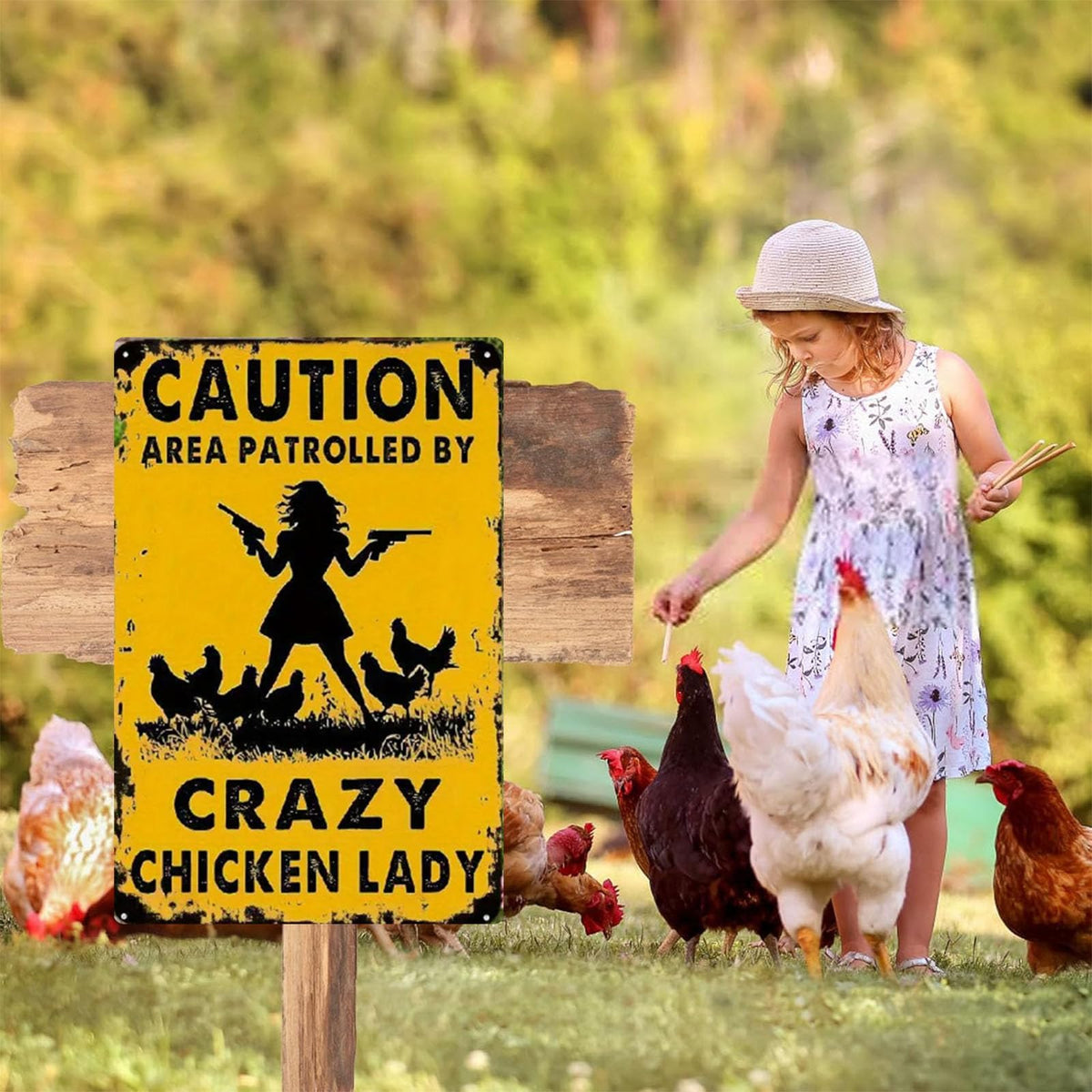 Bleihum farm yard decor sign featuring funny chicken lady design for outdoor spaces