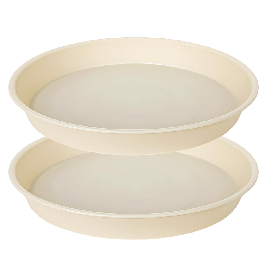 Bleuhome 14-inch beige plant saucer two-pack protects pots and surfaces.
