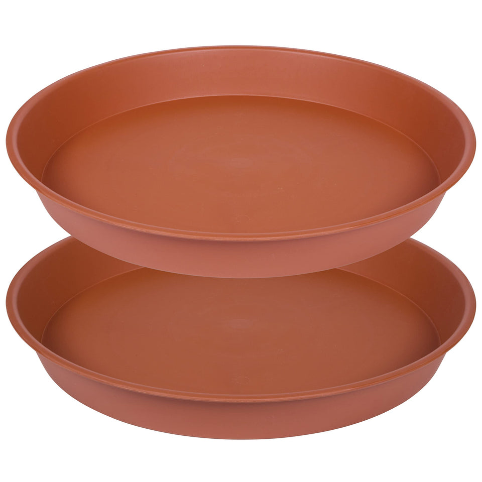 Bleuhome 19-inch plant saucer in terracotta look protects surfaces from spills.