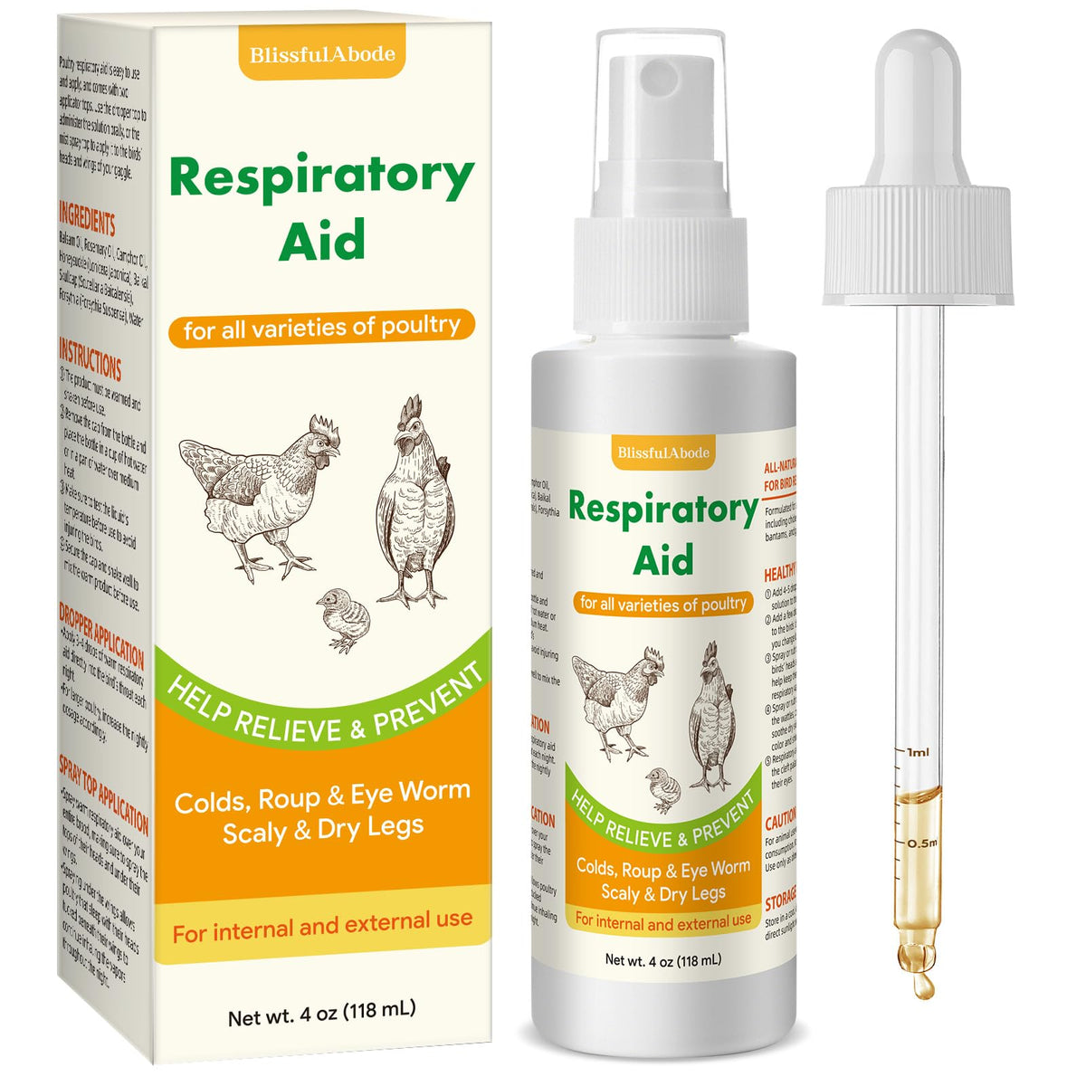 BlissfulAbode Respiratory Aid bottle pour for easy dosing and poultry breathing support.