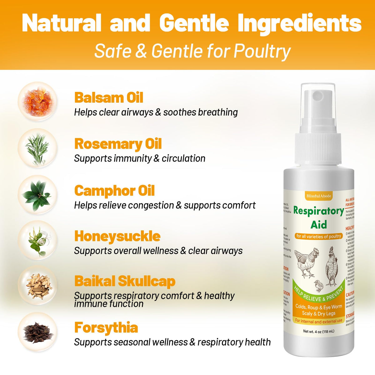 BlissfulAbode Respiratory Aid spray top for convenient daily mist in poultry housing.