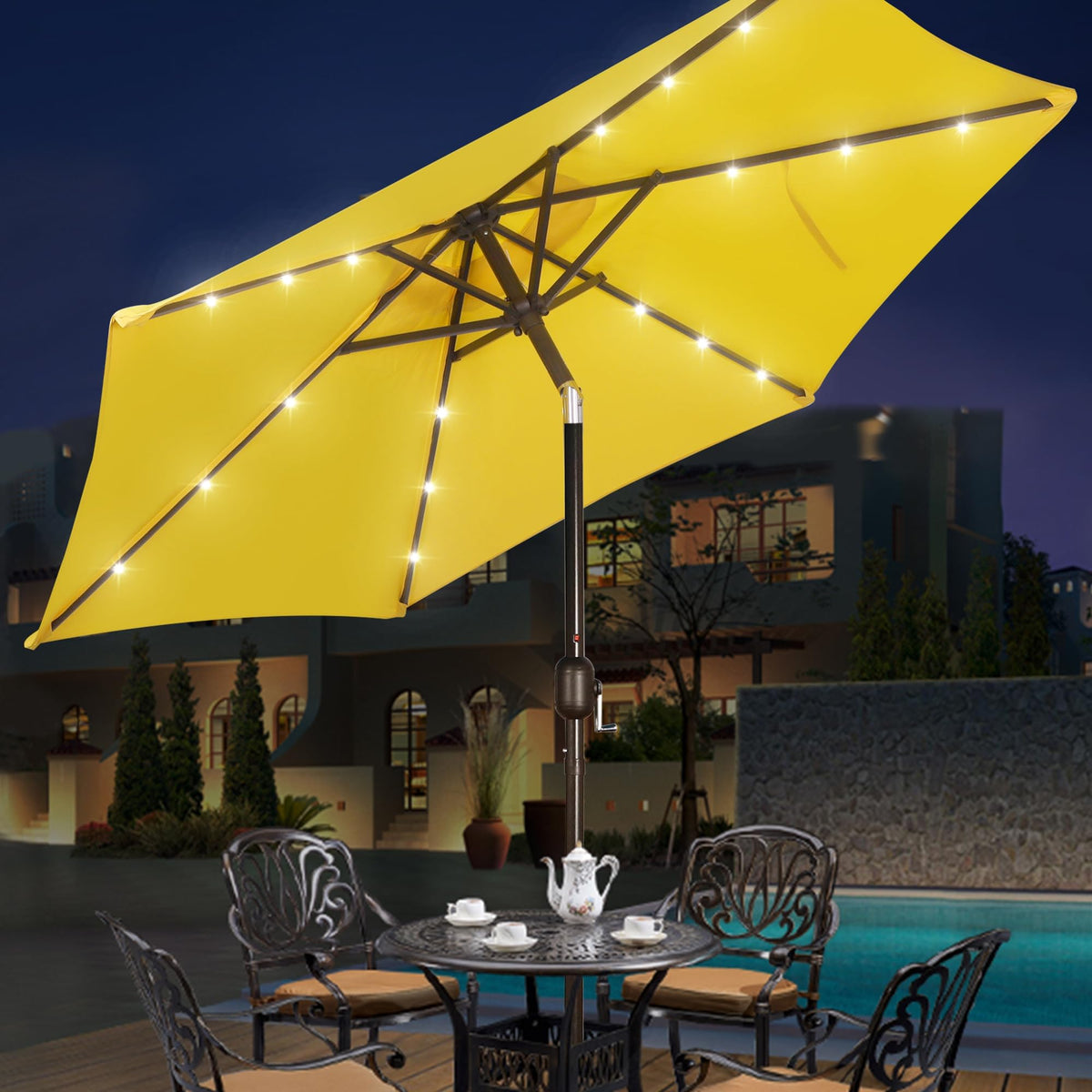 108-inch diameter Blissun canopy covers large seating areas.