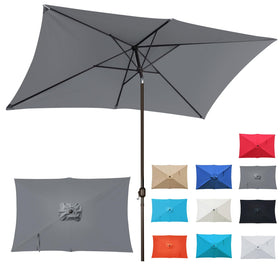 Blissun ten-foot rectangular patio umbrella open to provide full shade for outdoor dining