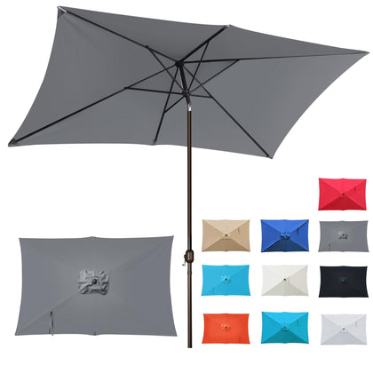 Blissun ten-foot rectangular patio umbrella open to provide full shade for outdoor dining